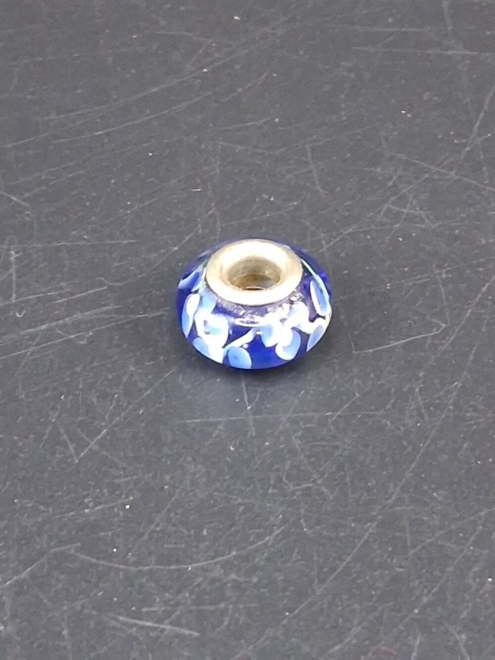 Glass Charm Bead With Blue Floral Design & Metal Core